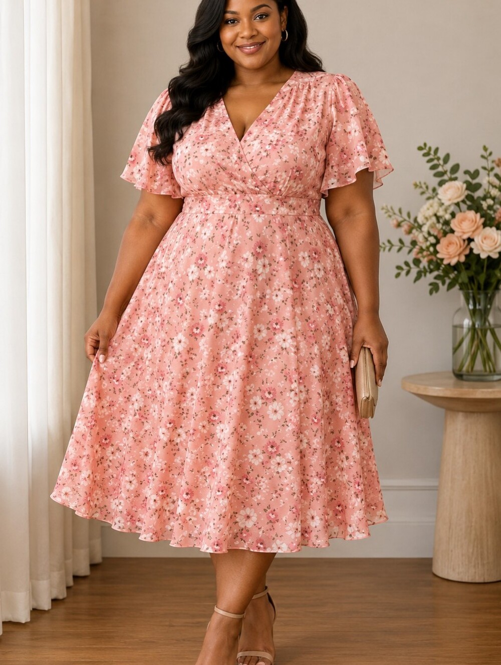 Floral V-Neck Midi Dress in Peach Pink